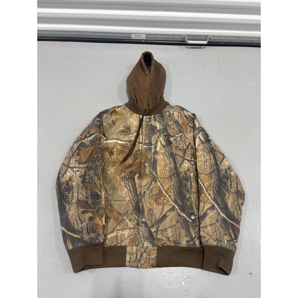 Realtree Camo‎ Hooded Bomber Jacket Mens Medium Brown Camouflage Zip Snap Front